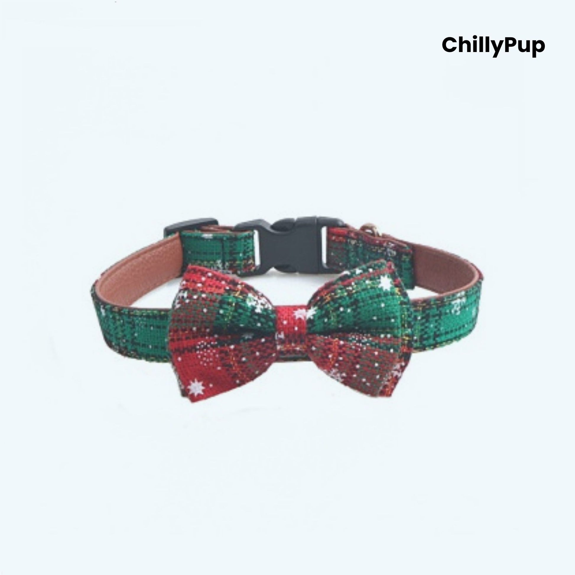 Dog collar with a red and green pattern and bow tie on a white background, branded 'ChillyPup'