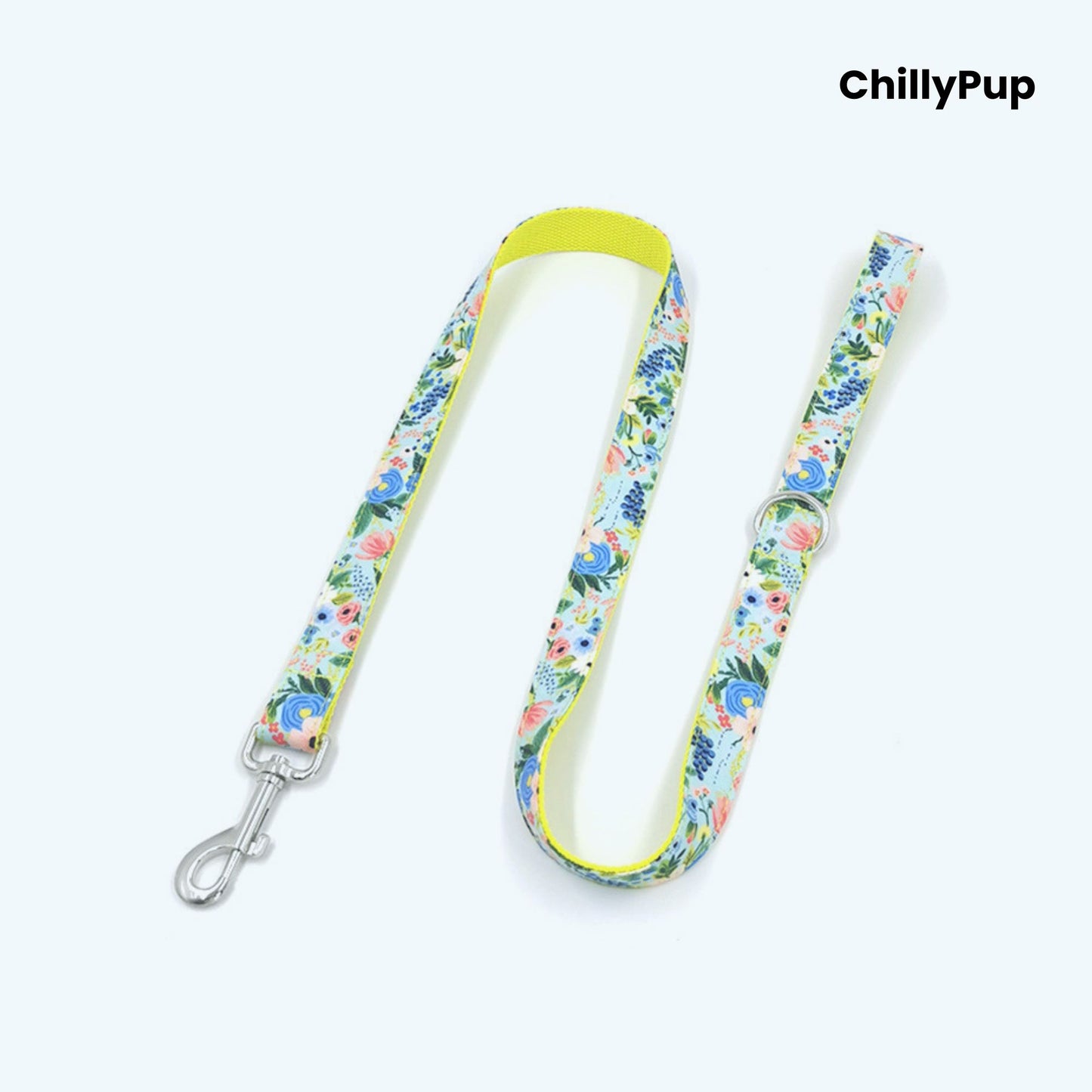 Floral dog collar and Lead set with 'ChillyPup' branding on a white background