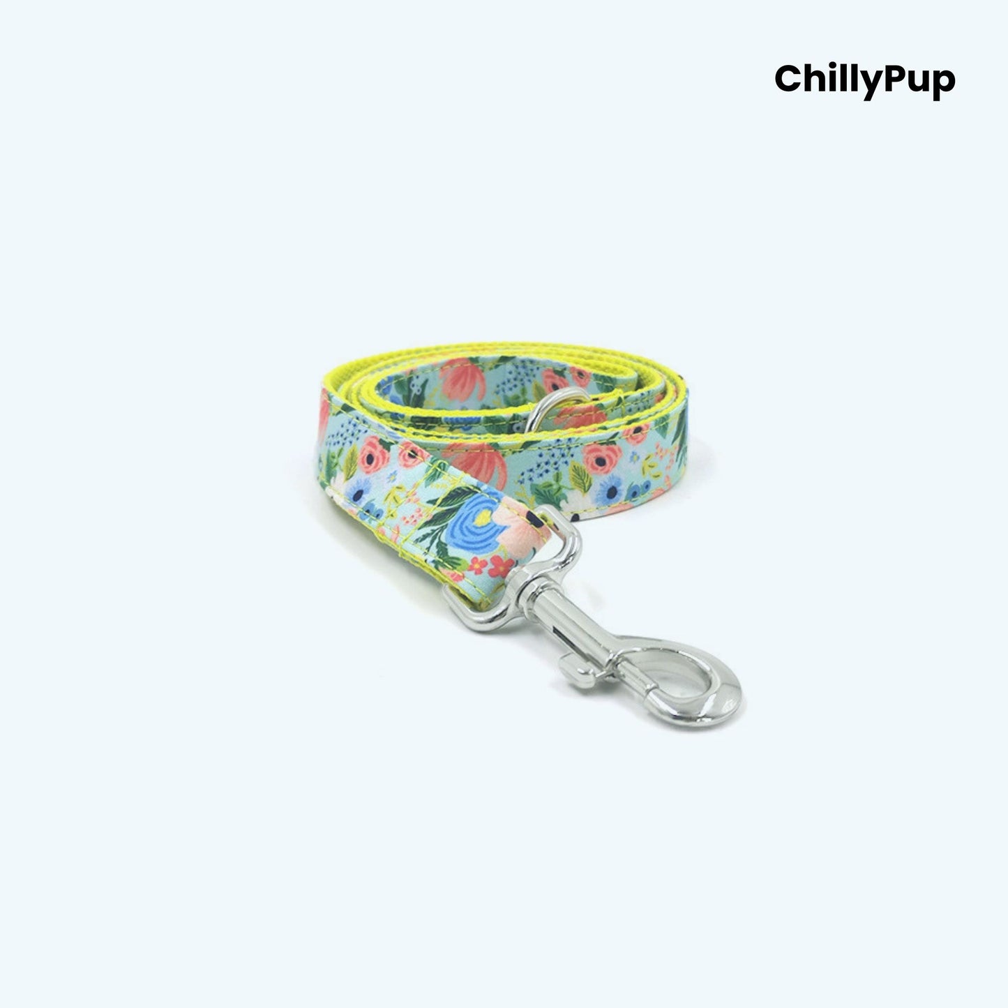 Floral dog collar and lead set with 'ChillyPup' branding on a white background