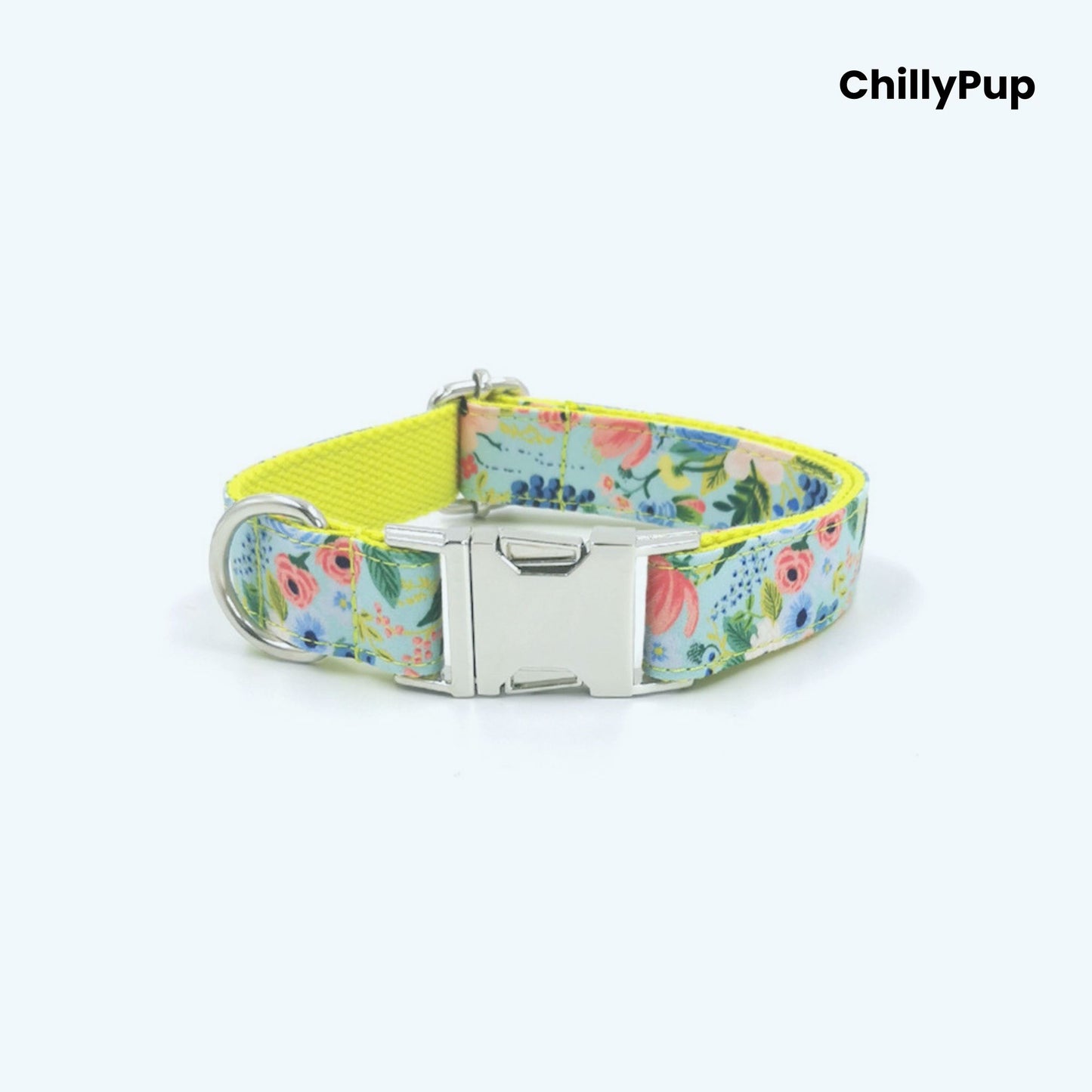 Floral dog collar and lead set with 'ChillyPup' branding on a white background