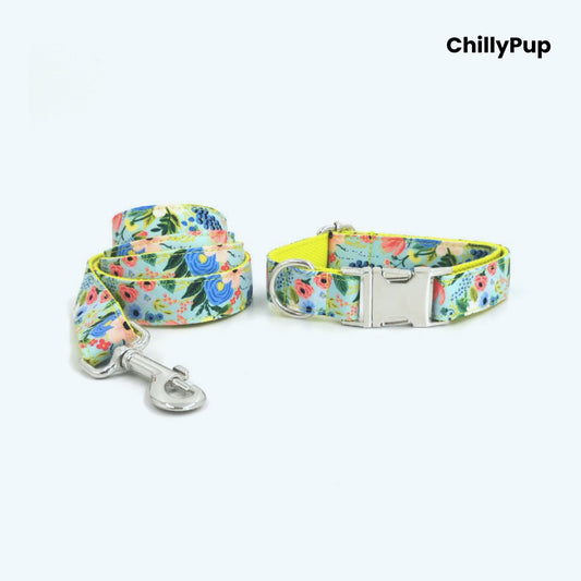 Floral dog collar and lead set with 'ChillyPup' branding on a white background