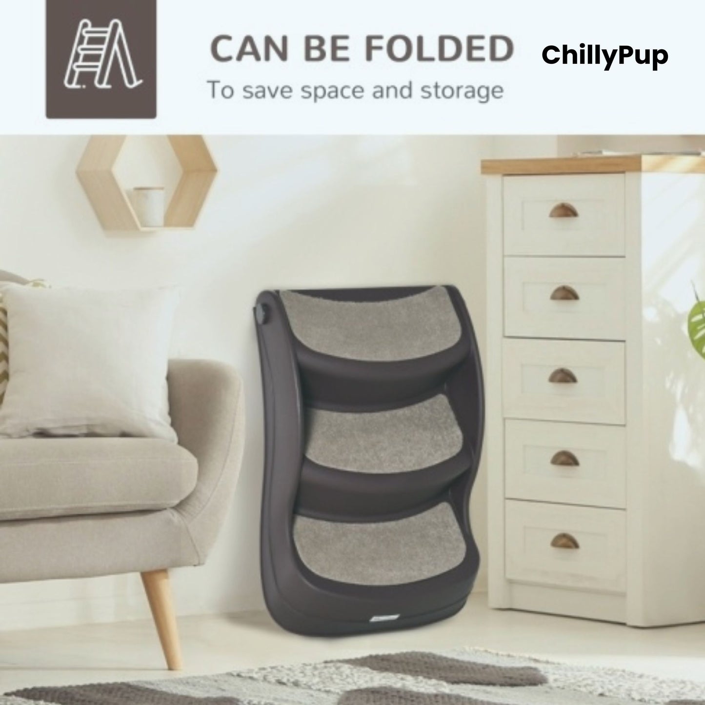 Foldable pet ramp with 'ChillyPup' branding in a living room setting