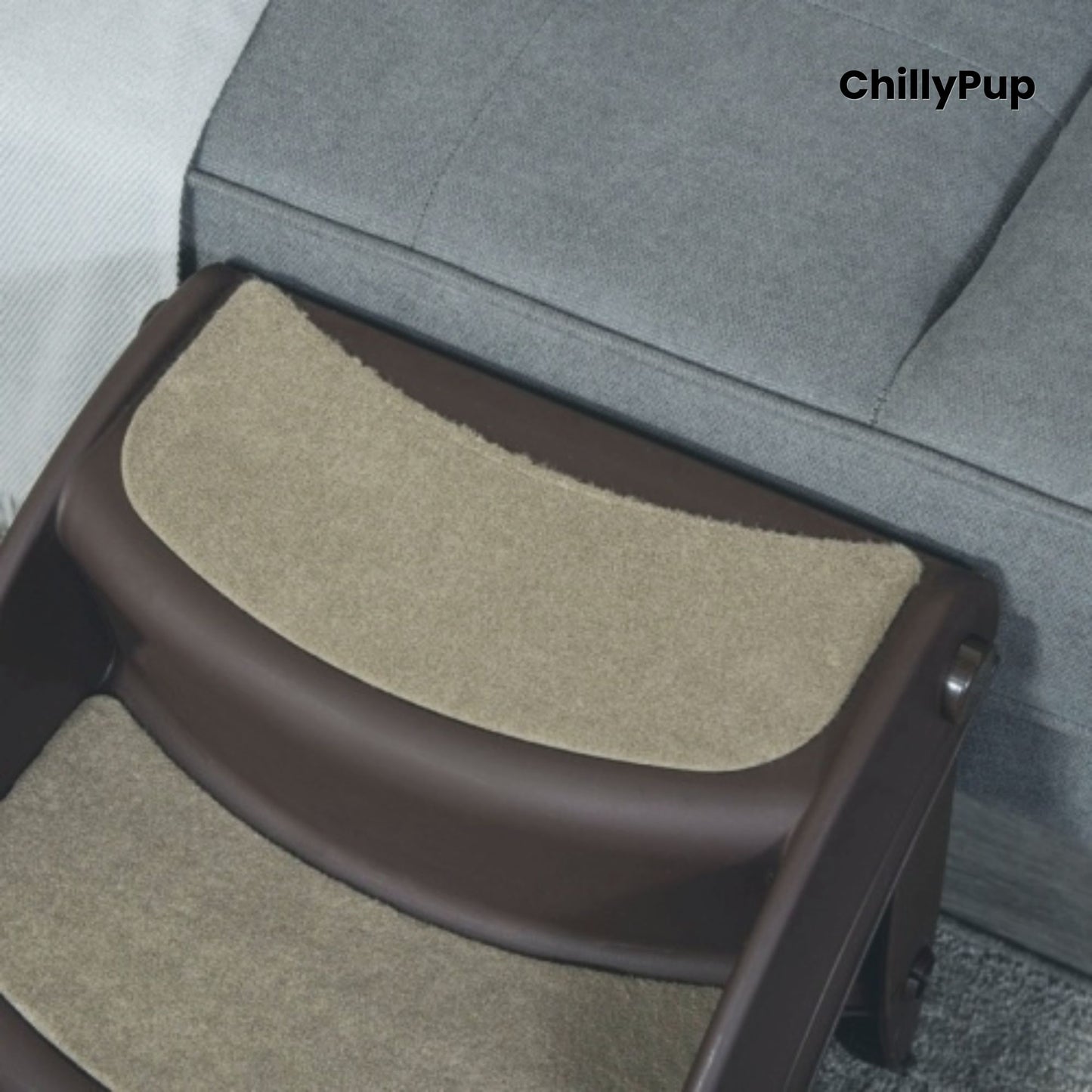 Pet step with brown and beige design on a car seat, branded 'ChillyPup'.