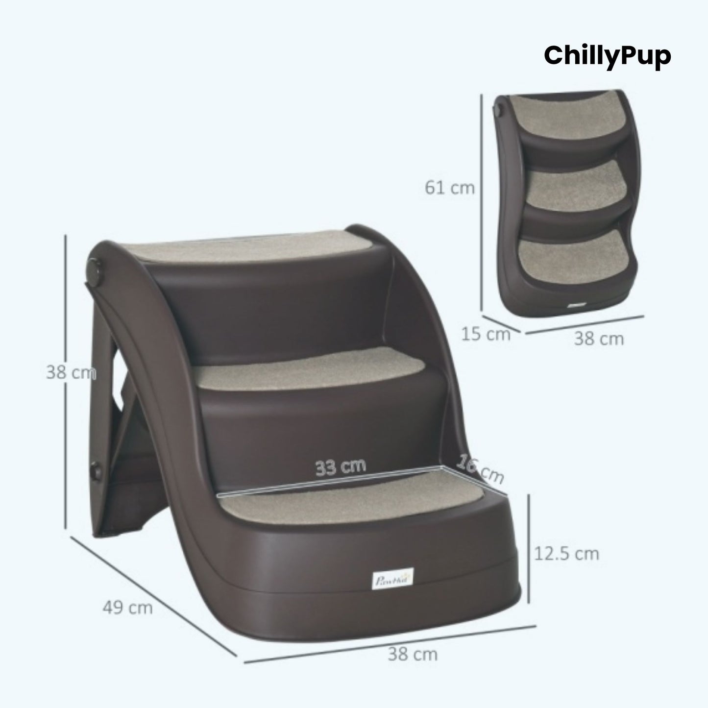 Pet step with dimensions labelled, featuring the brand 'ChillyPup'.