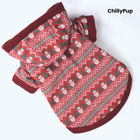 Red and patterned dog Christmas jumper with white lining on a light grey background, branded 'ChillyPup'.
