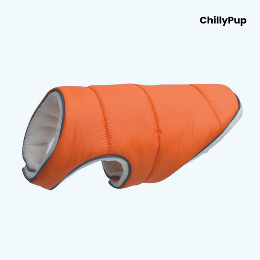 Orange dog coat with grey interior on a white background, branded 'ChillyPup'.