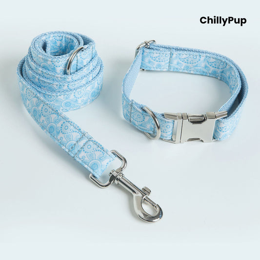 Dog collar and lead set with blue floral pattern on a white background, branded 'ChillyPup'.
