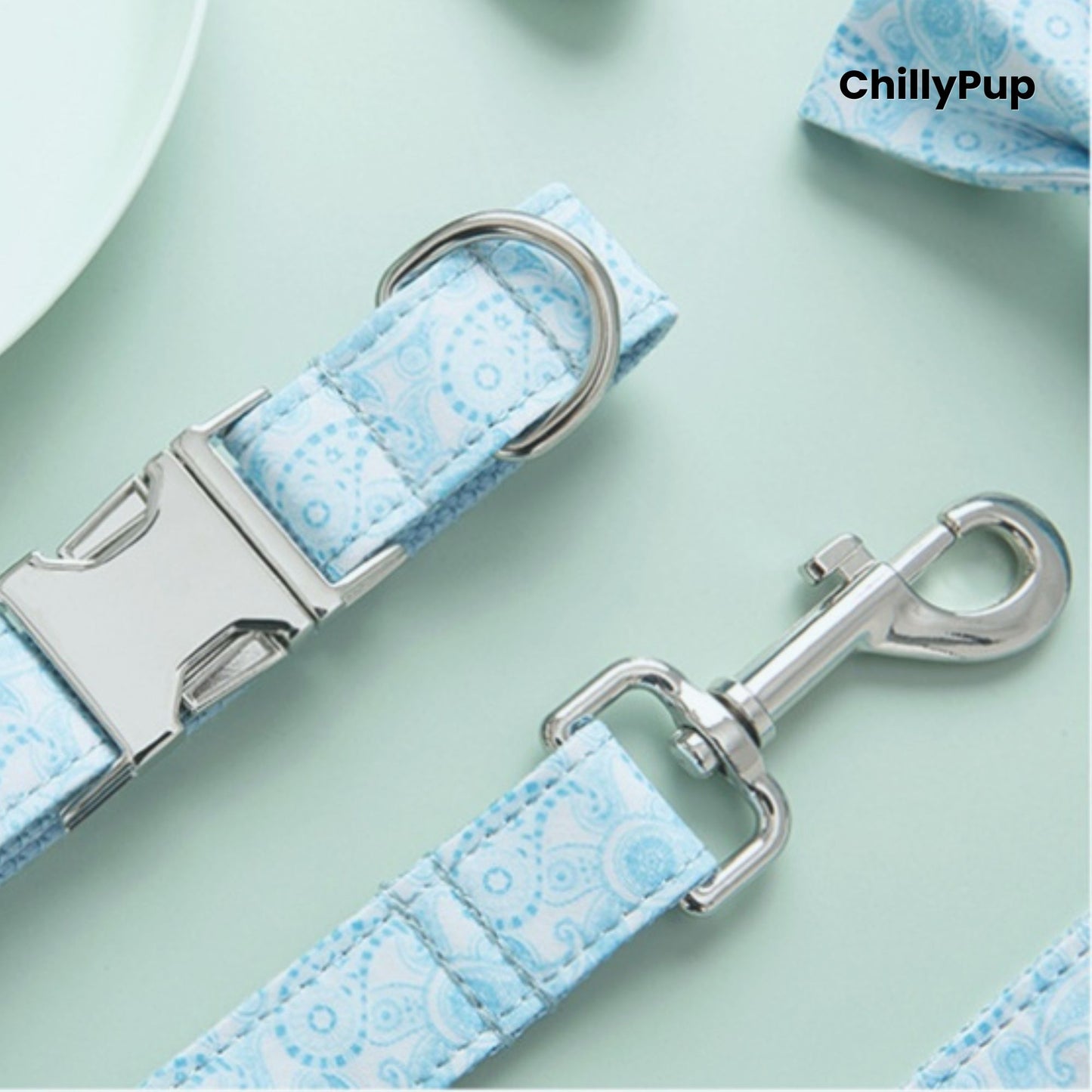Dog collar and lead set with blue pattern on a light green background, branded 'ChillyPup'
