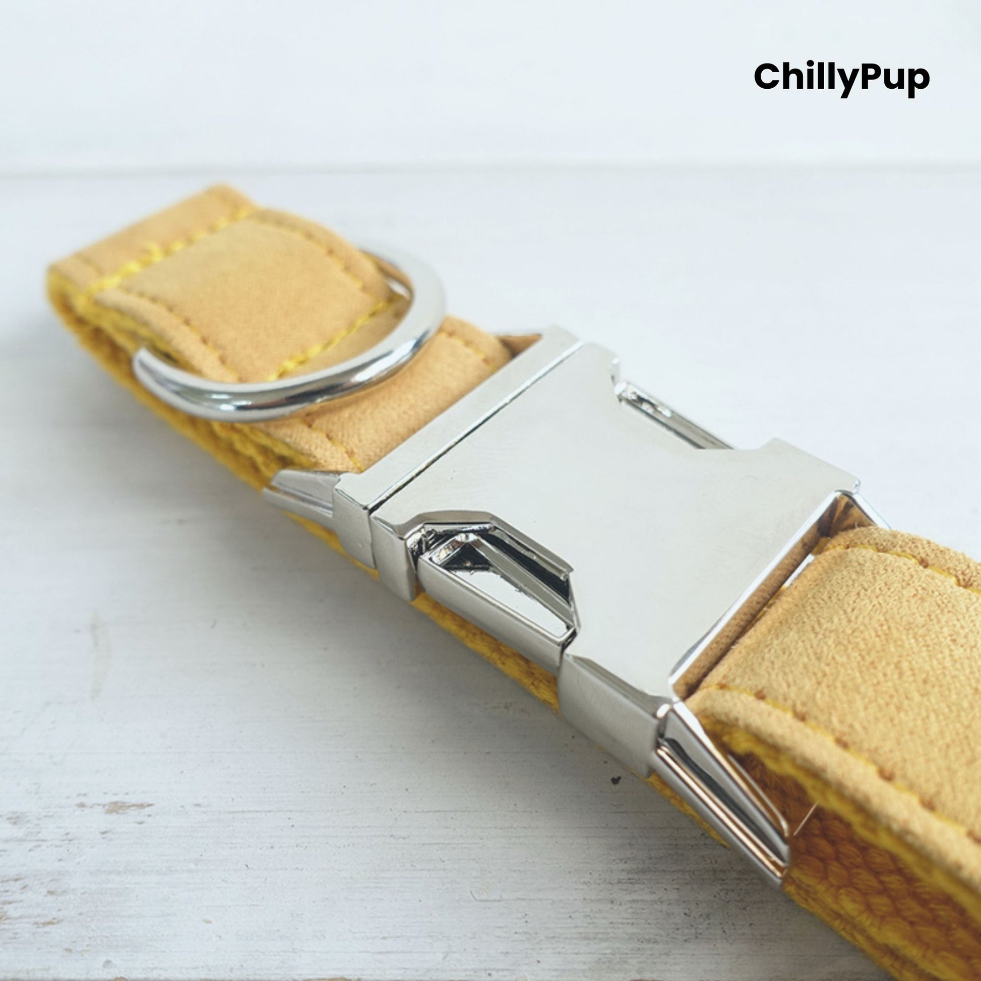 Dog collar with metal buckle on a light wooden surface, branded 'ChillyPup'.
