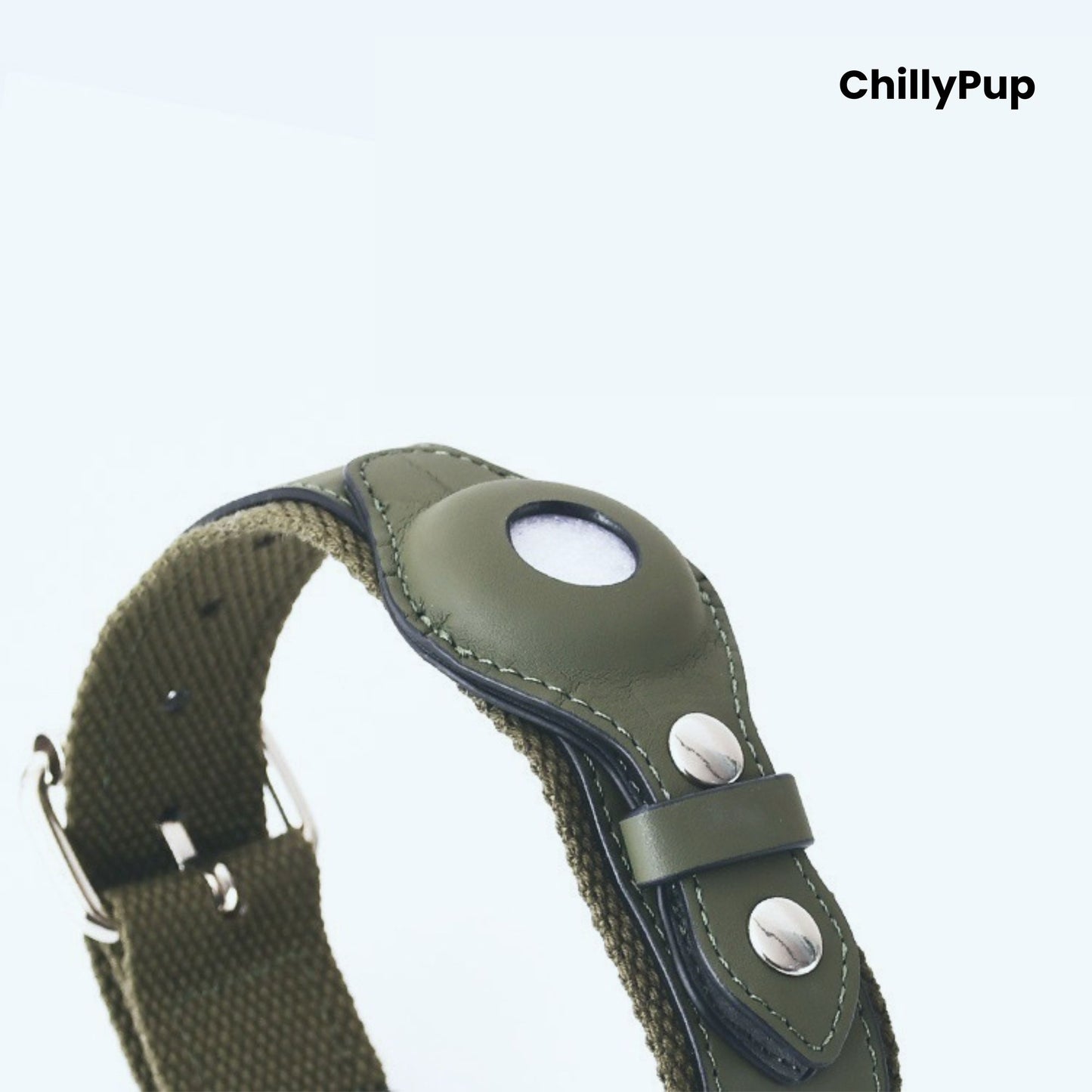 Green dog collar with a metallic clasp and section for Apple Airtag on a white background, branded 'ChillyPup'.