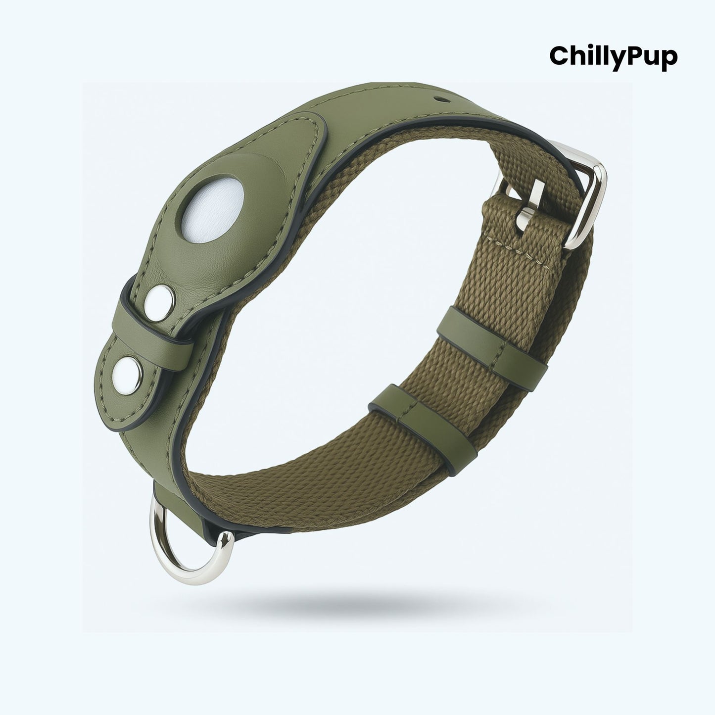 Green dog collar with a metallic clasp and section for Apple Airtag on a white background, branded 'ChillyPup'.