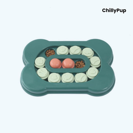 Dog toy with bone shape filled with treats on a white background, branded 'ChillyPup'.