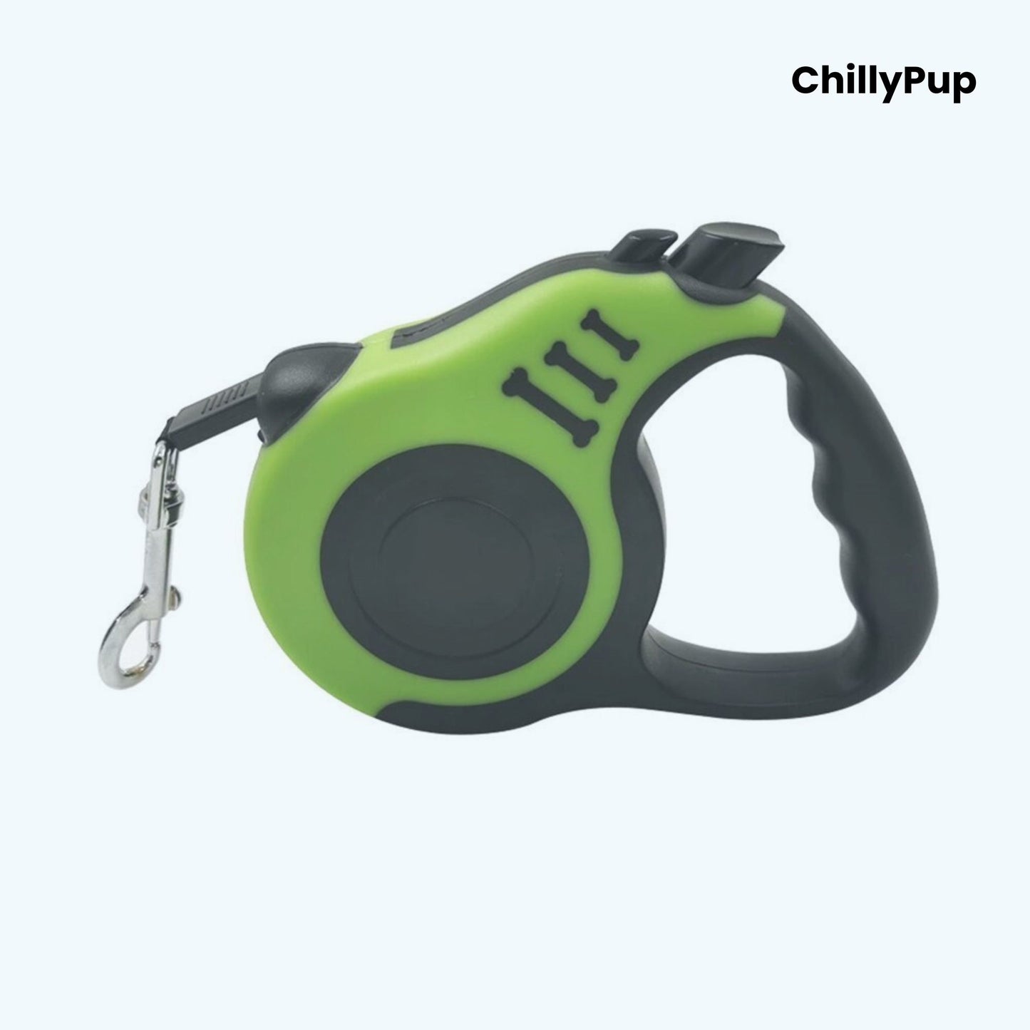 Black and green retractable dog lead with 'ChillyPup' branding on a white background