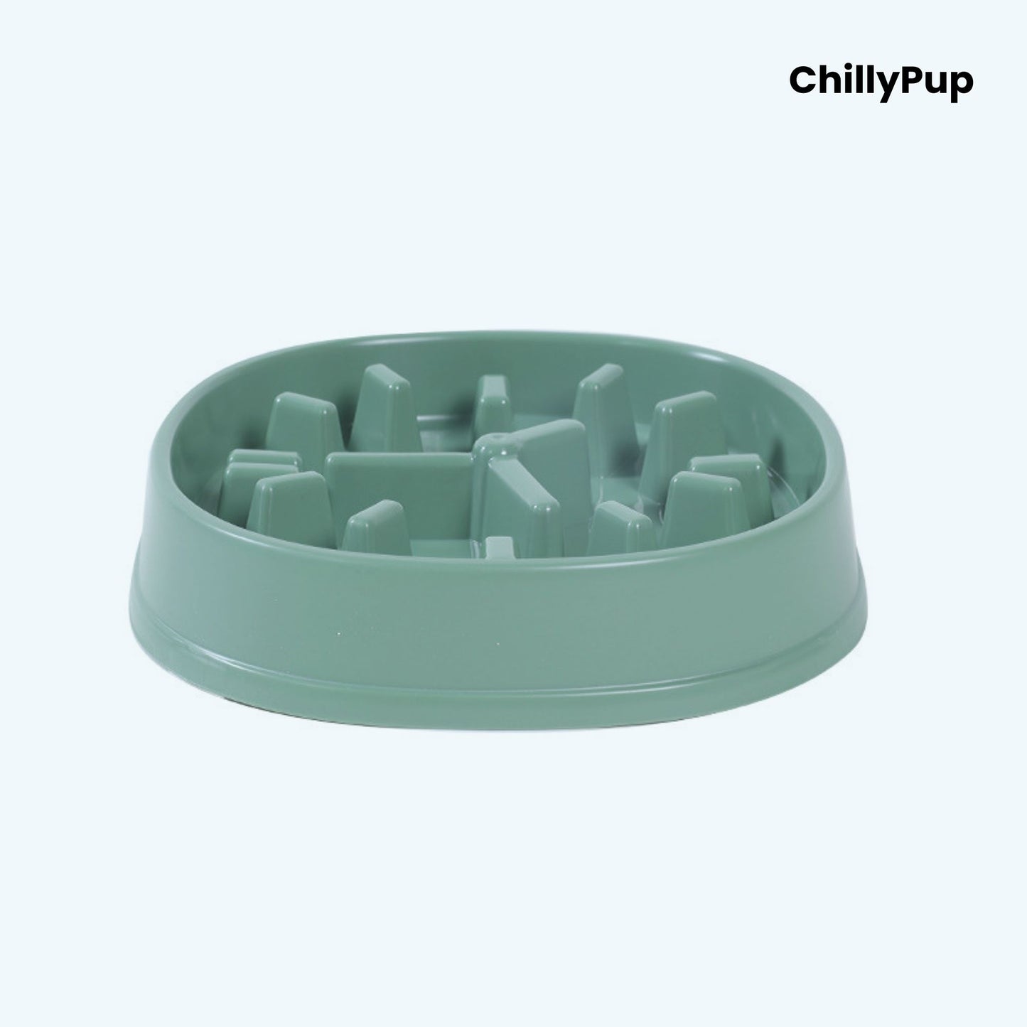 Pink dog bowl with raised rim on a white background, branded 'ChillyPup'.