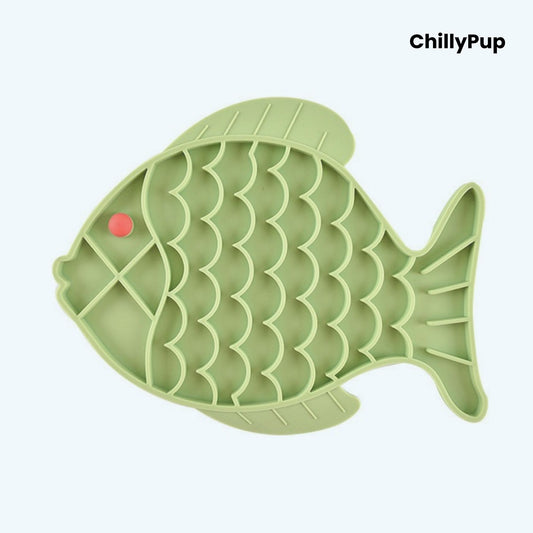 Green fish-shaped pet lick mat with a red dot on a white background, branded 'ChillyPup'.