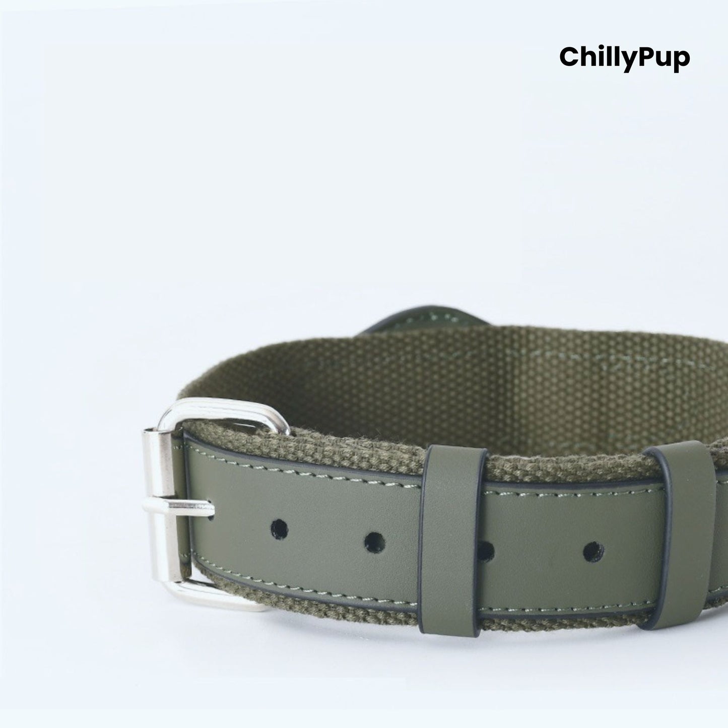 Green AirTag dog collar with a metallic clasp on a white background, branded 'ChillyPup'.