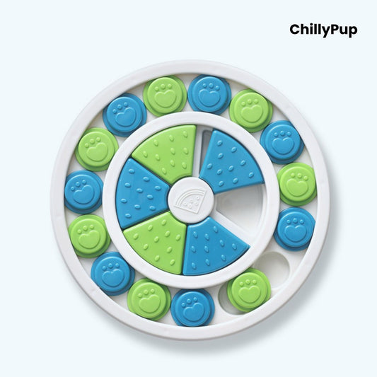 Green and blue dog puzzle toy for treats on a white background, branded 'ChillyPup'.