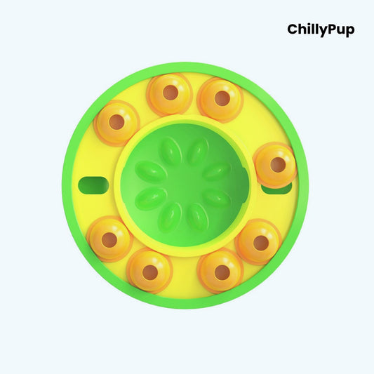 Circular dog toy with yellow and green design on a light grey background, branded 'ChillyPup'