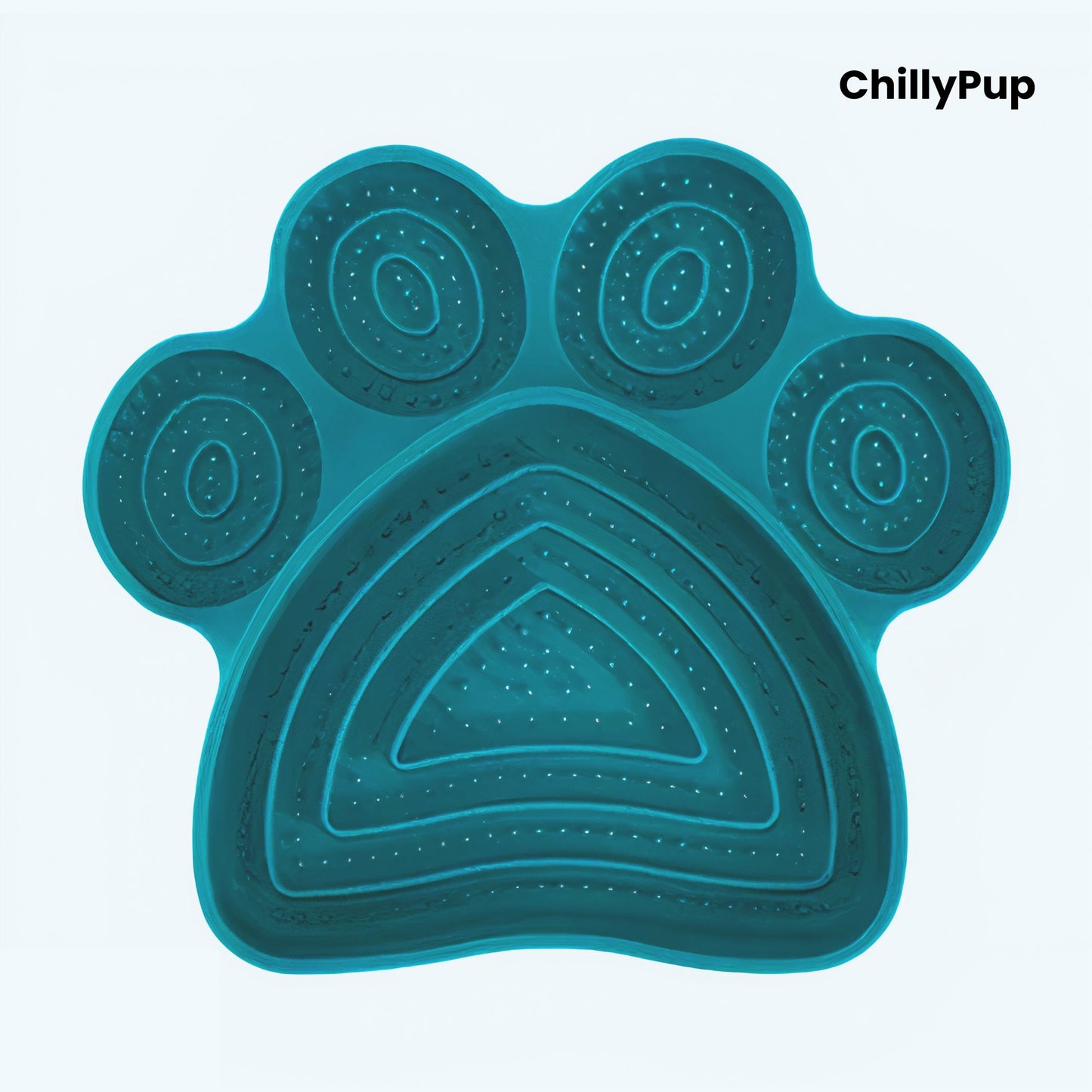 Dark Blue paw-shaped pet lick pad with 'ChillyPup' branding on a white background