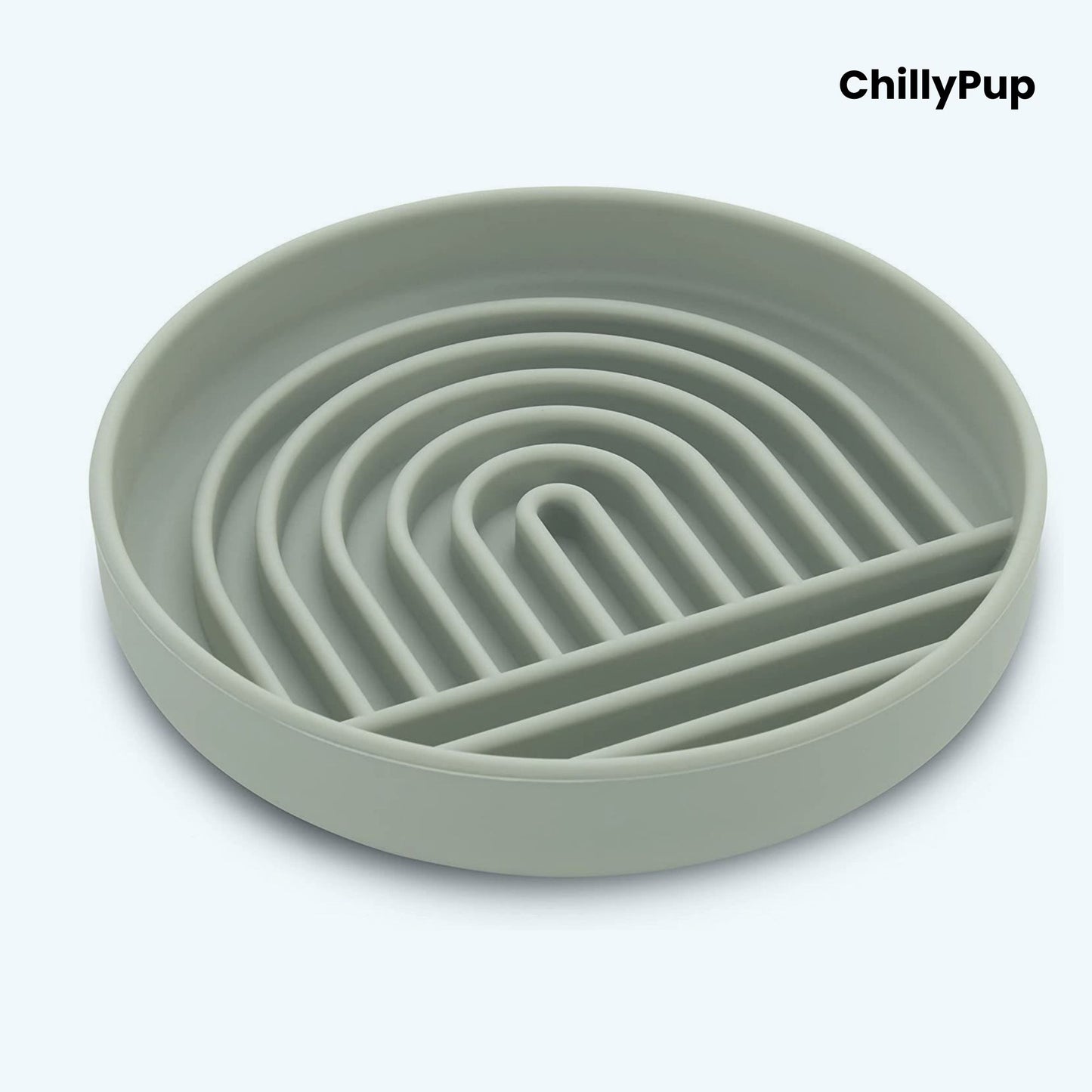 Green silicone bowl with wavy design on a white background, branded 'ChillyPup'.