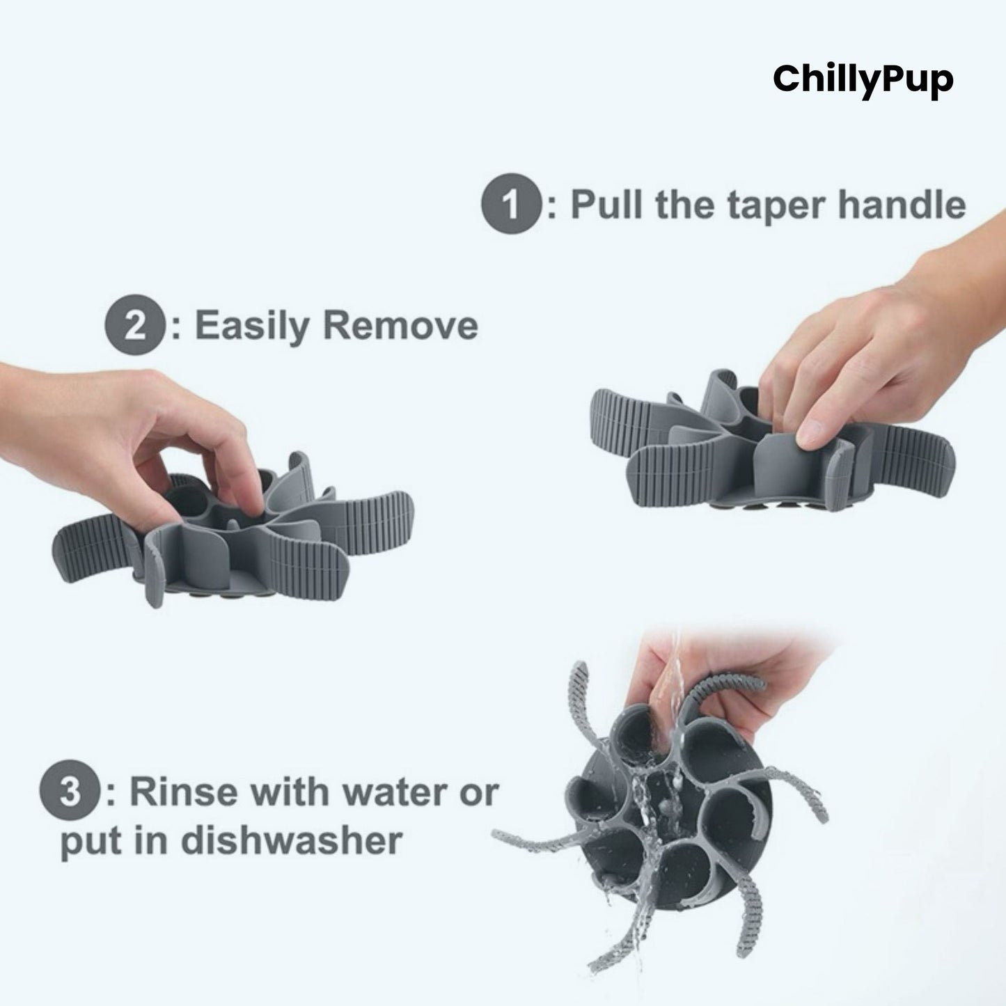 Instructions for using ChillyPup product with hands and text on a white background
