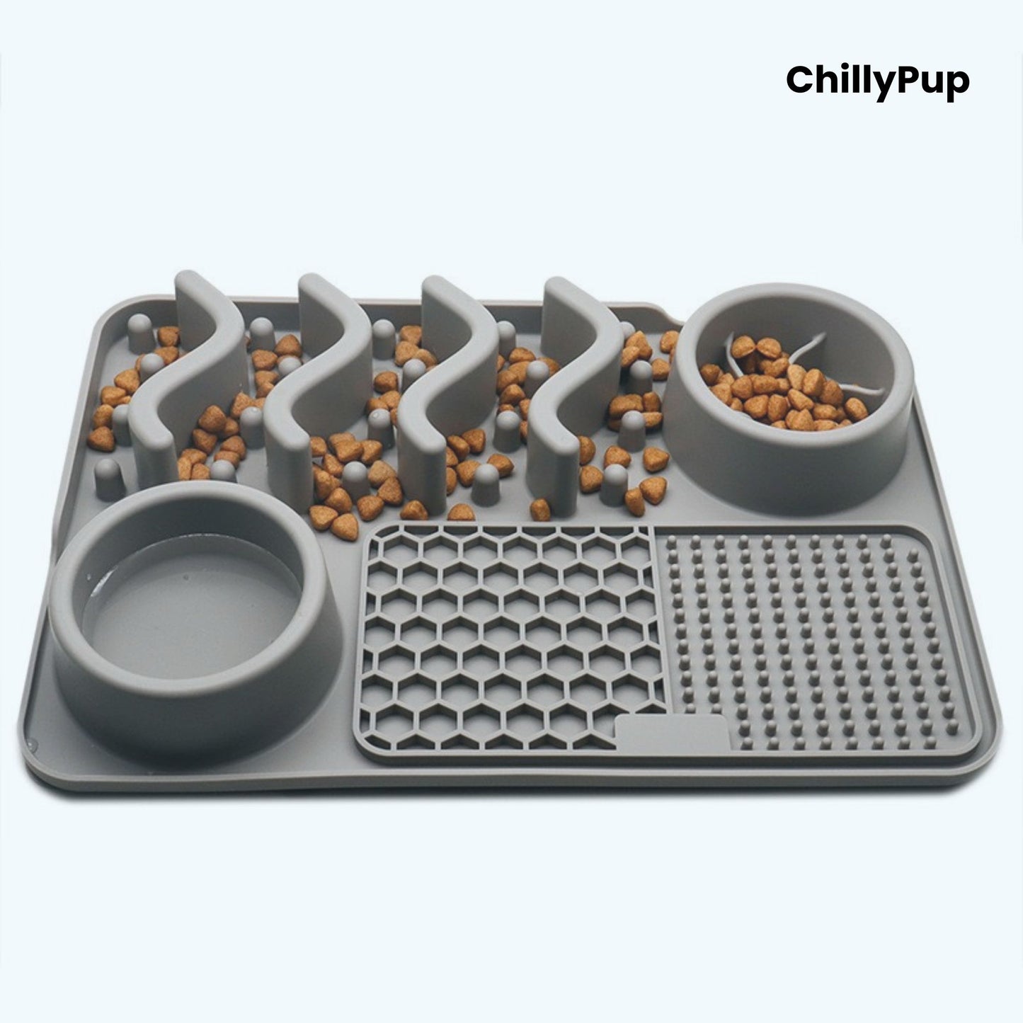 Grey pet feeding mat with two bowls on a light grey background, branded 'ChillyPup'.