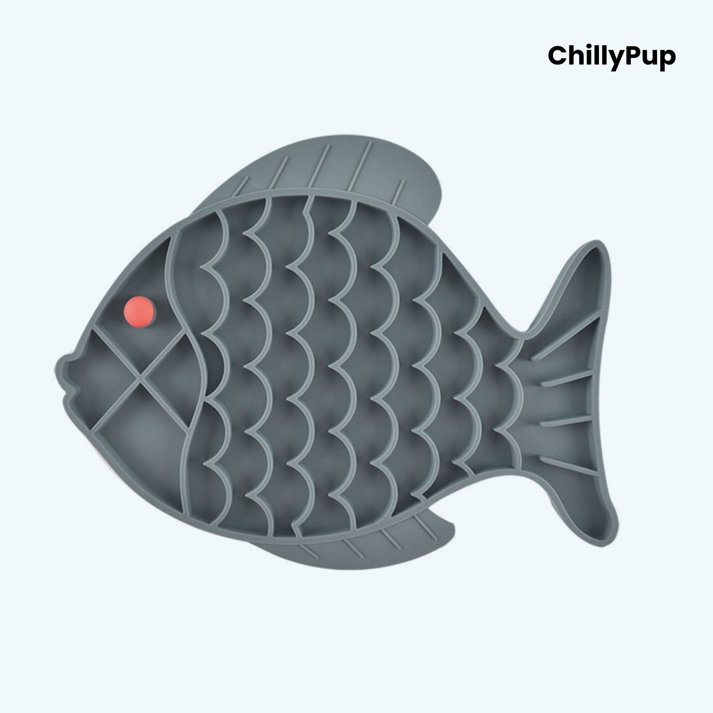 Grey fish-shaped pet lick mat with a red dot on a white background, branded 'ChillyPup'.