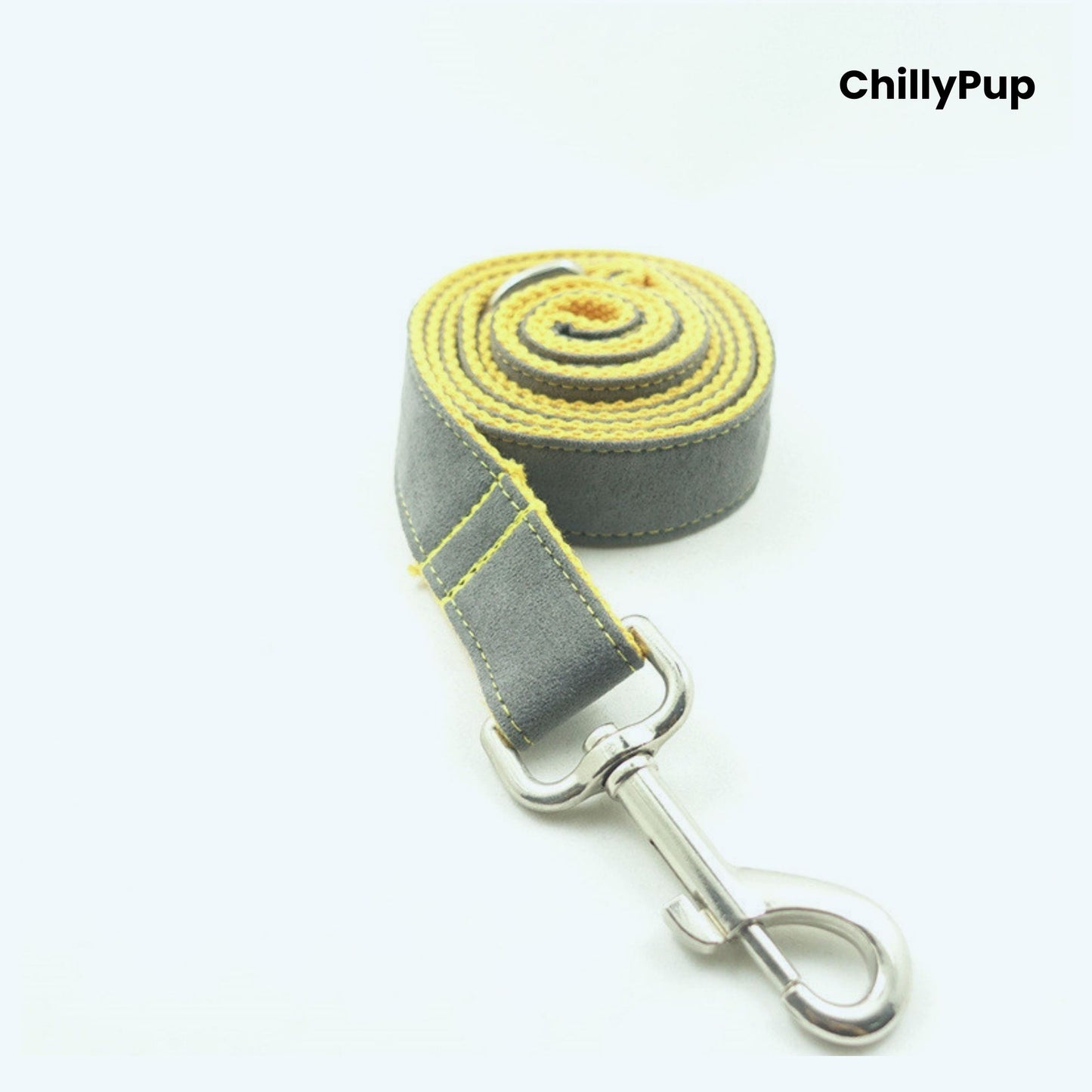 Grey and yellow dog lead with a clip on a white background, branded 'ChillyPup'.