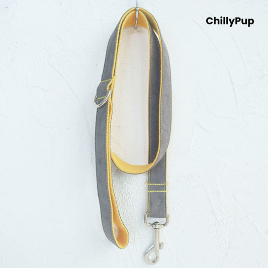 Grey and yellow dog leadwith a clip on a white background, branded 'ChillyPup'.
