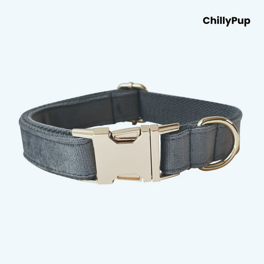 Grey dog collar on a white background, branded 'ChillyPup'.