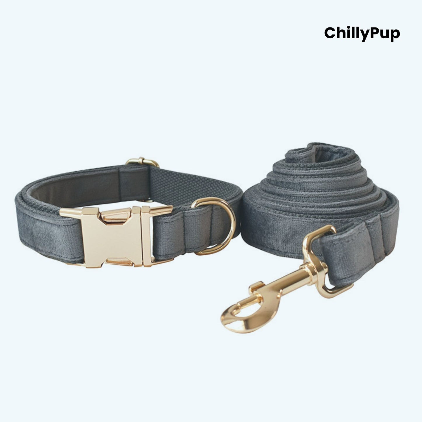 Grey dog collar and matching lead on a white background, branded 'ChillyPup'.