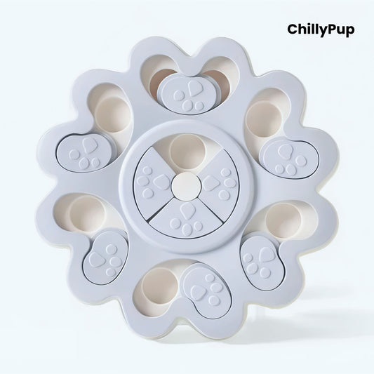 Grey pet toy with 'ChillyPup' branding on a white background