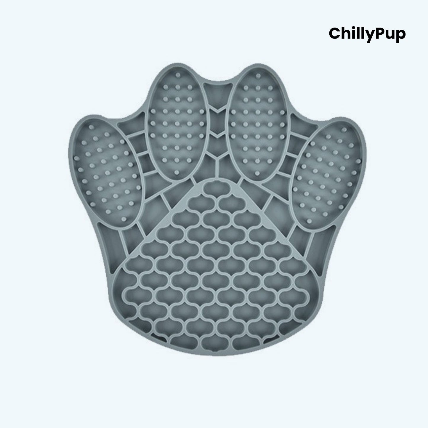 Grey paw-shaped silicone mat with textured surface on a light blue background, branded 'ChillyPup'.