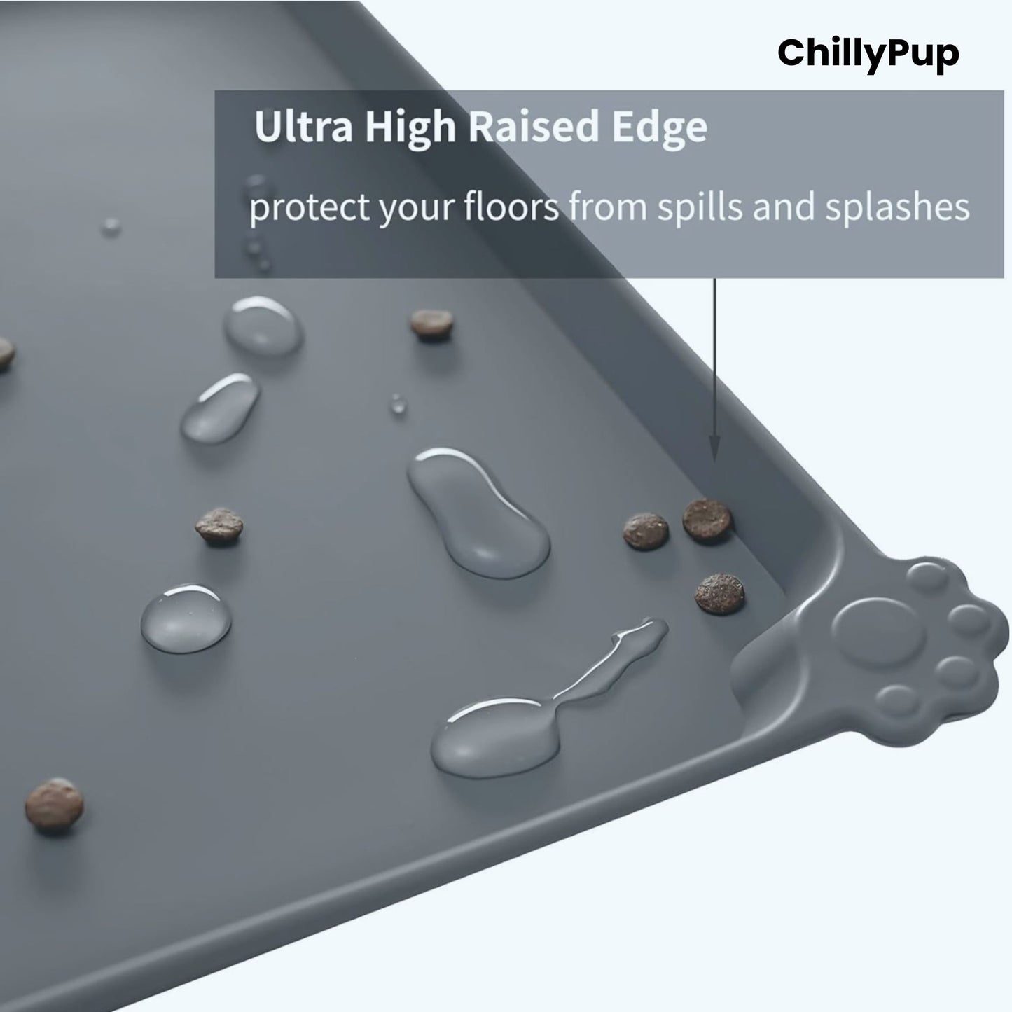 Grey pet tray with raised edge to protect floors from spills and splashes, featuring the brand 'ChillyPup