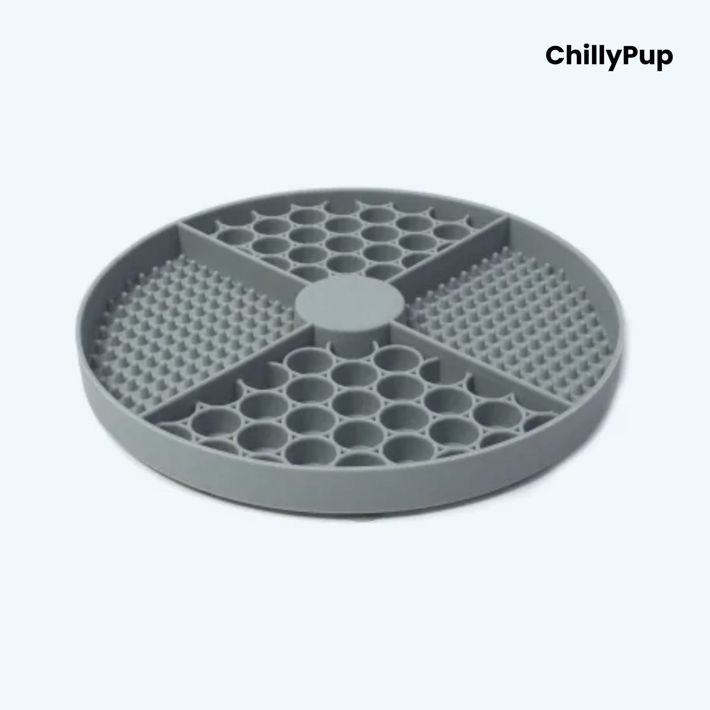 Grey silicone mat with honeycomb pattern on a white background, branded 'ChillyPup'.