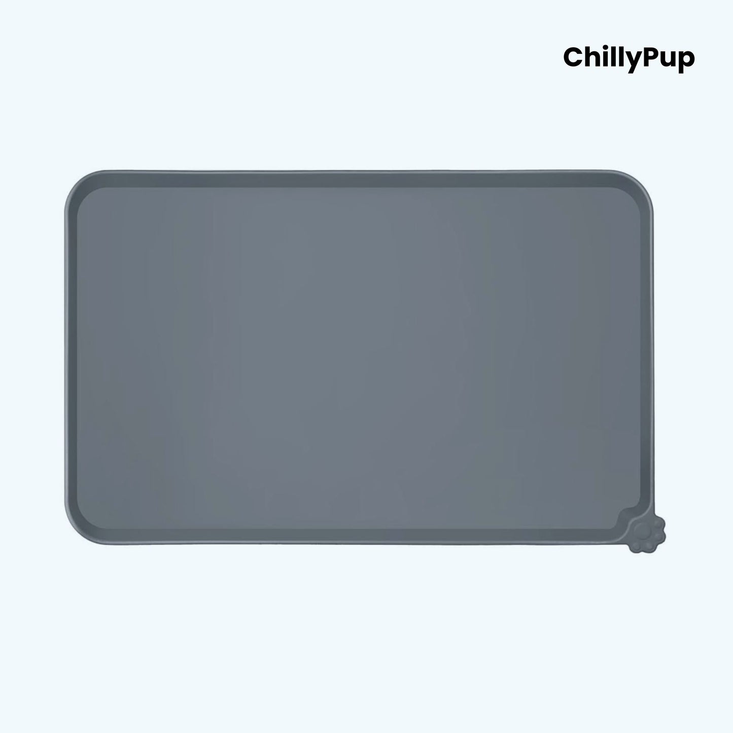 Grey silicone mat with 'ChillyPup' branding on a white background
