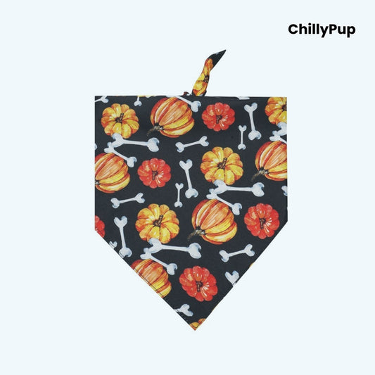 Halloween-themed bandana on a white background. Brand 'ChillyPup' visible.