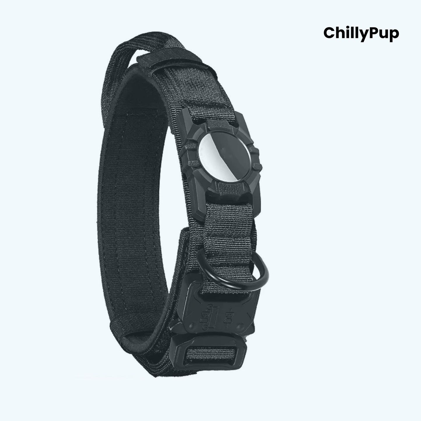 Black dog collar with adjustable buckle on a white background, branded 'ChillyPup'