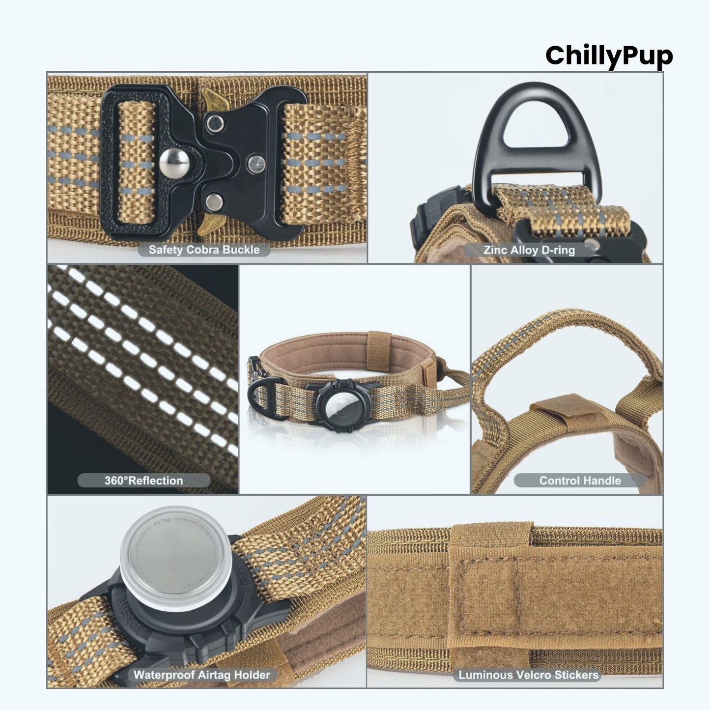 Collage of dog collar features with 'ChillyPup' branding