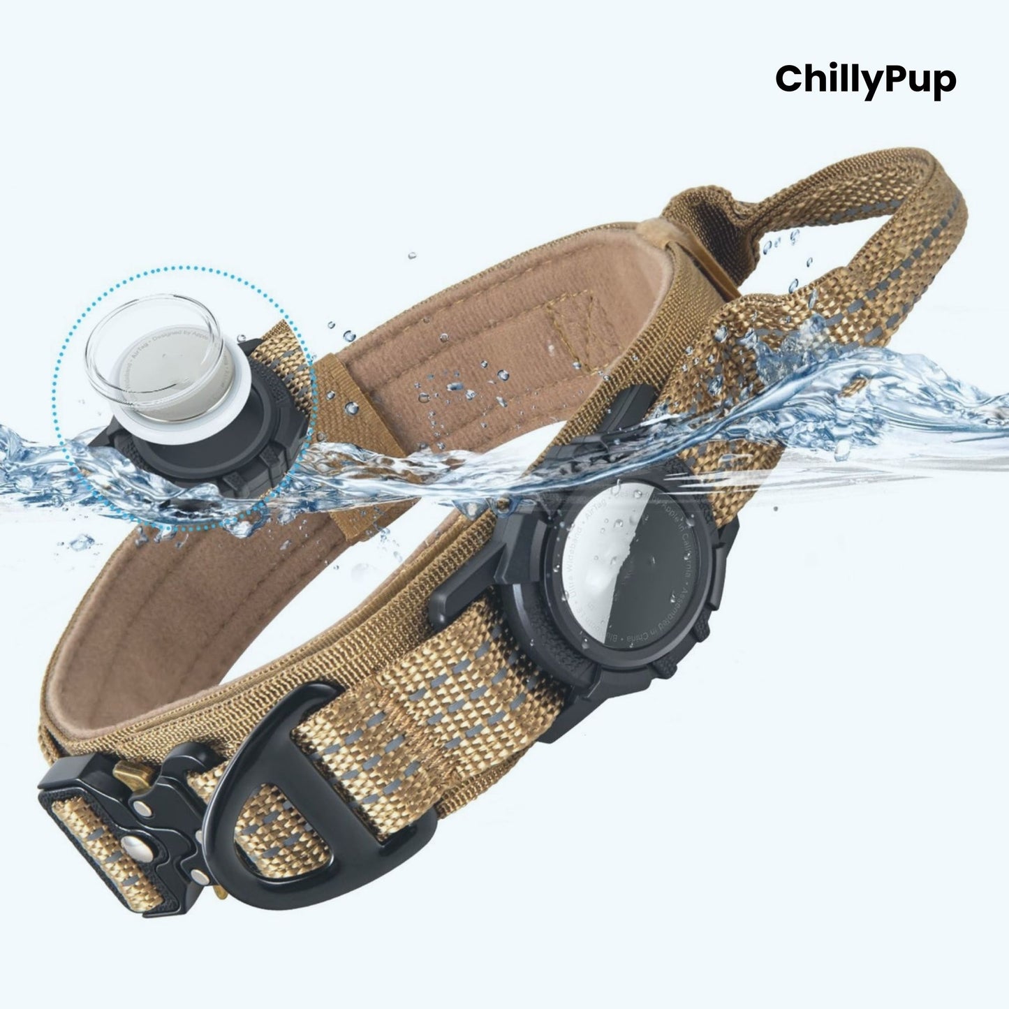 Dog collar with water splashes and 'ChillyPup' branding