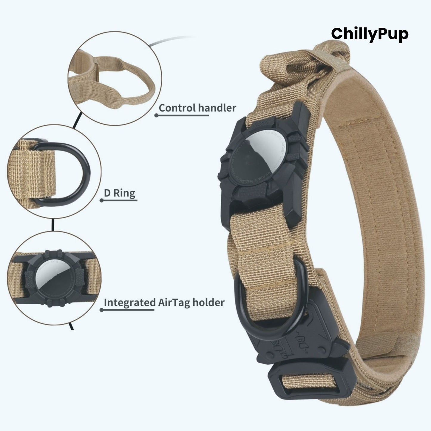 Beige dog collar with black hardware labeled 'ChillyPup' on a white background