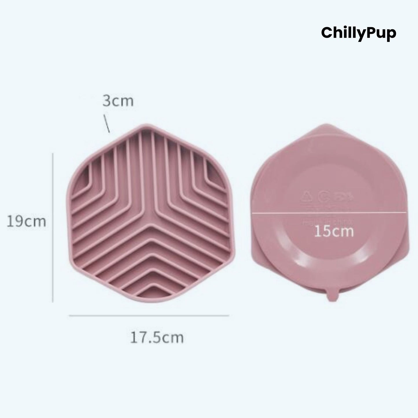 Hexagonal silicone mat with zigzag pattern on a light grey background showing sizes, branded 'ChillyPup'.