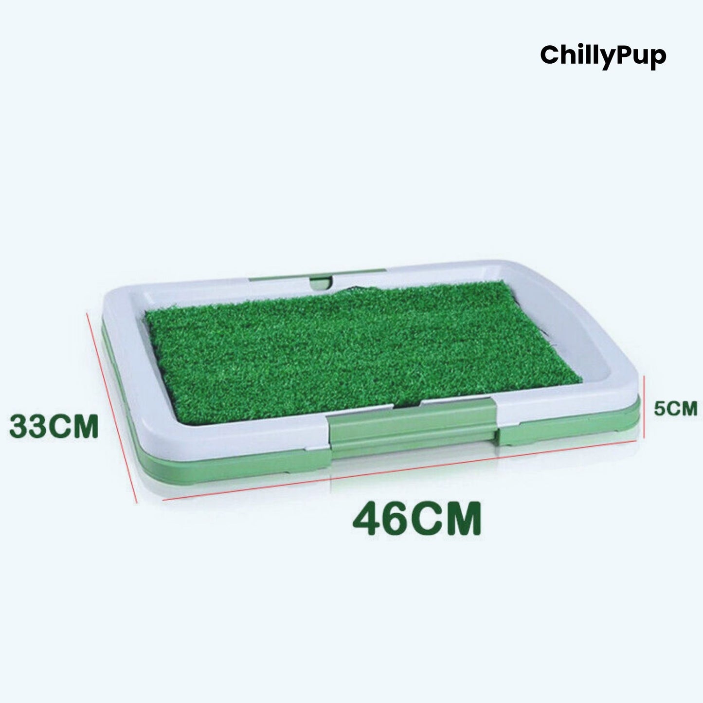 Green pet potty training pad with dimensions on a white background, branded 'ChillyPup'.