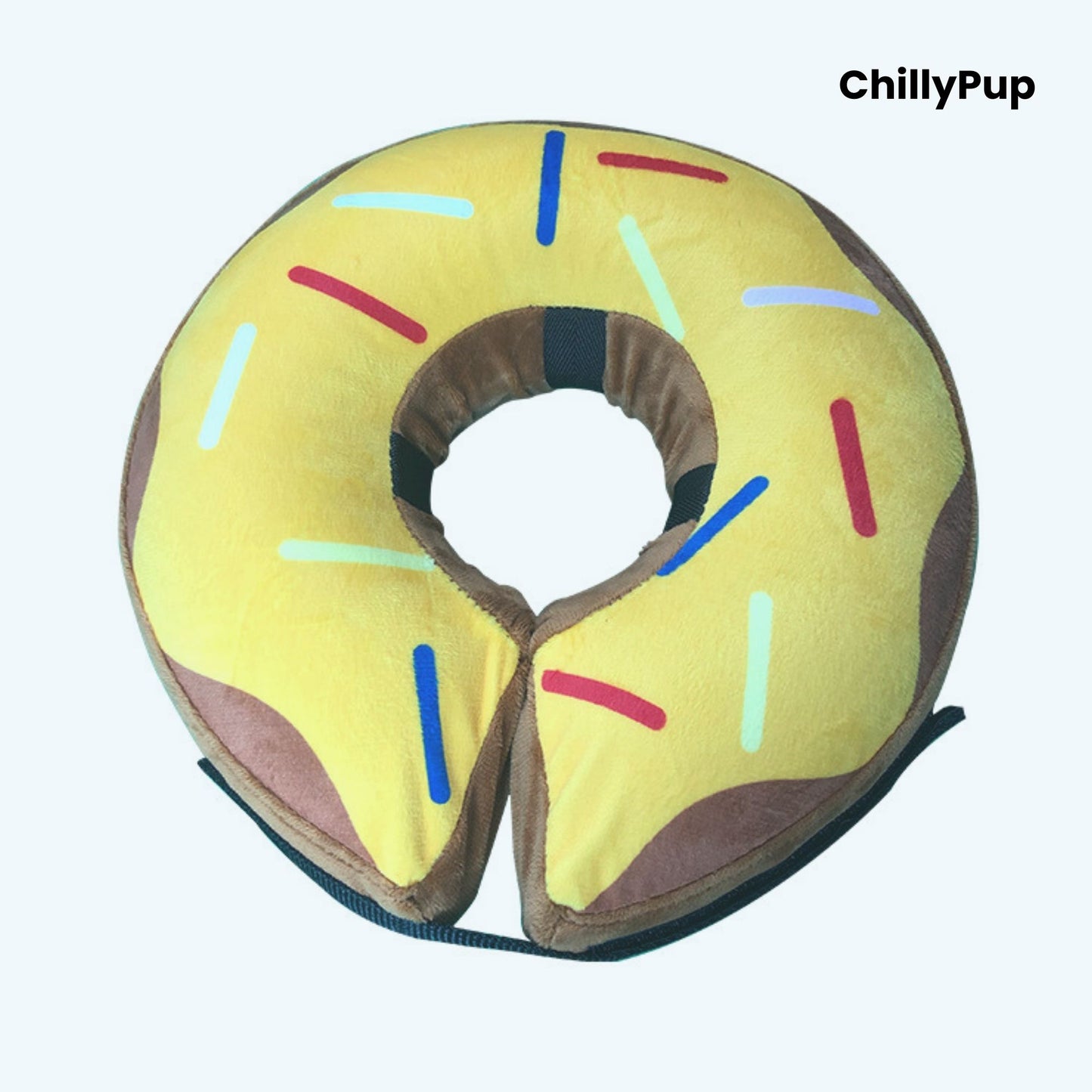 Doughnut-shaped pet cone with colourful sprinkles on a white background, branded 'ChillyPup'.