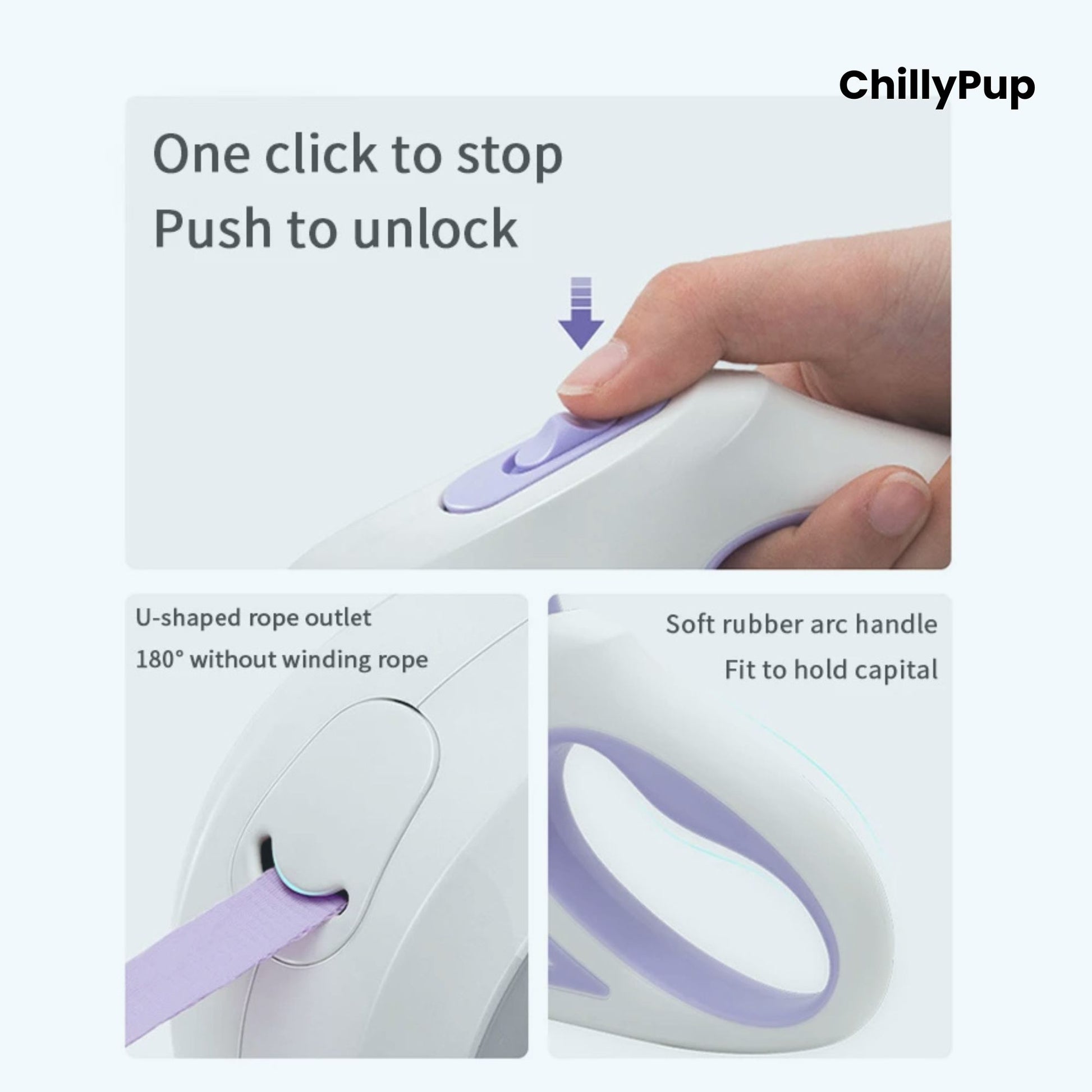 Product with a hand demonstrating features and controls, labelled 'ChillyPup'.