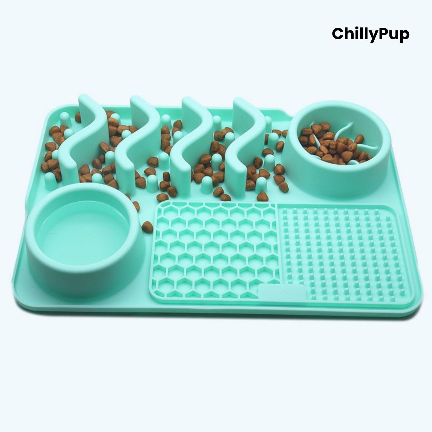 Light Blue pet feeding mat with two bowls on a light grey background, branded 'ChillyPup'.