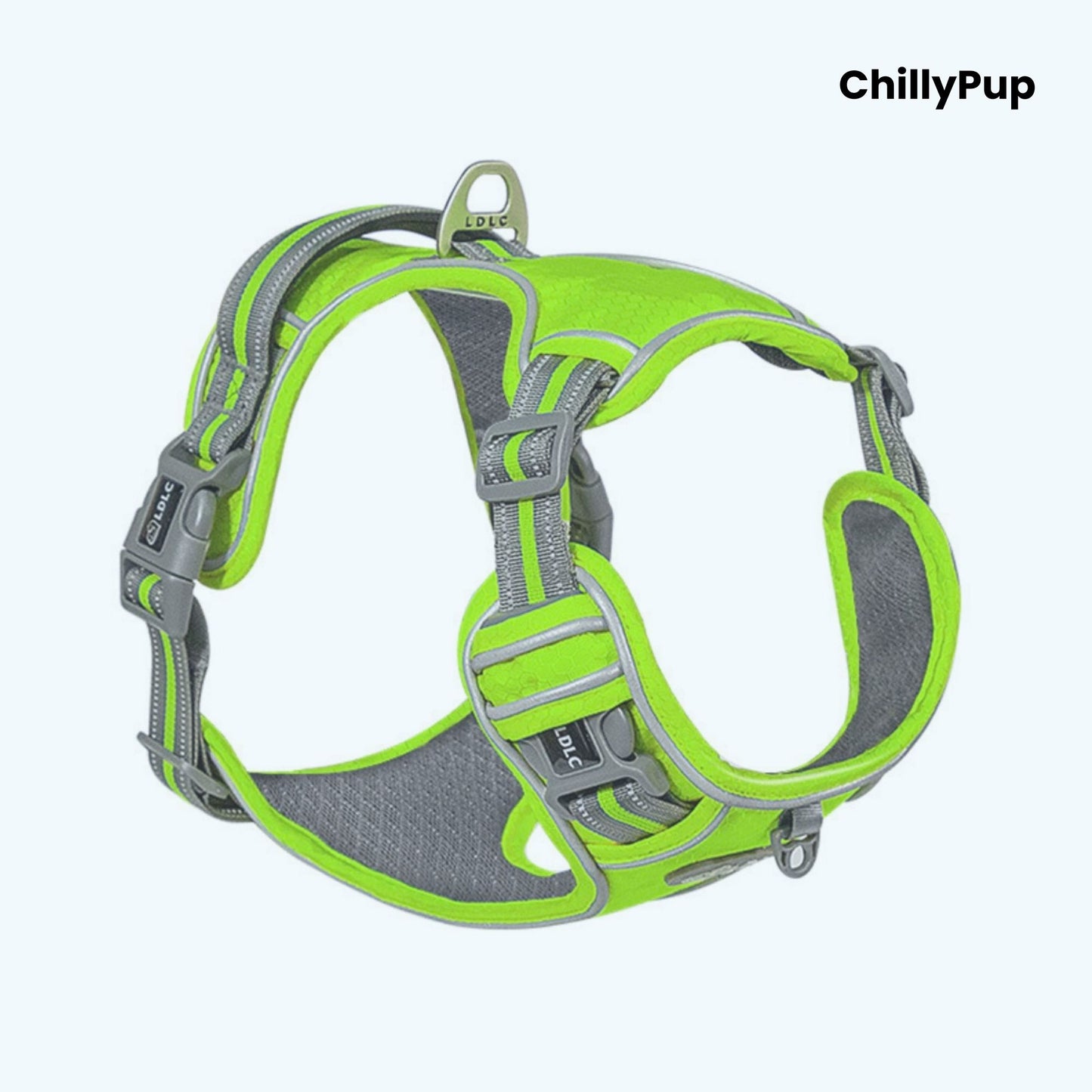 Light Green and grey dog harness with 'ChillyPup' branding on a white background