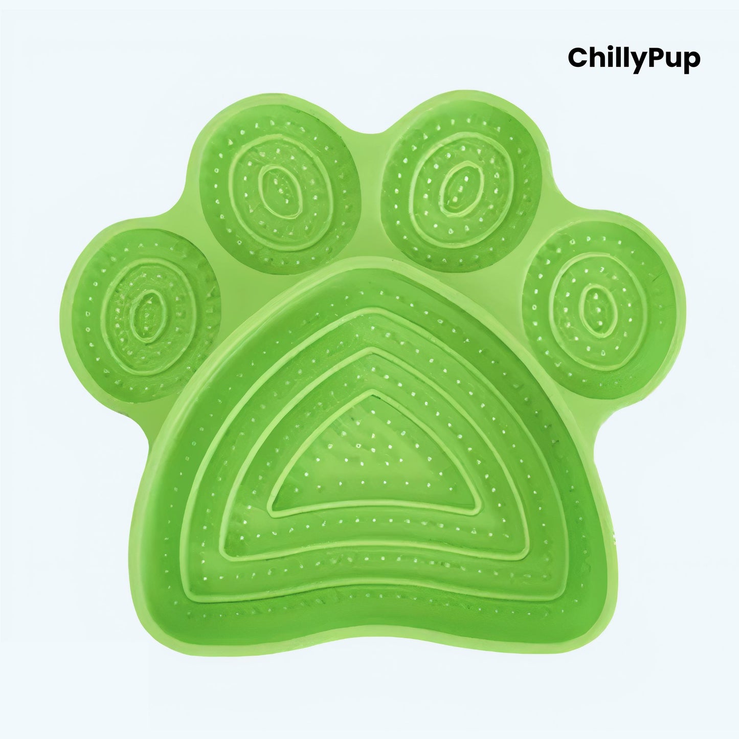 Green paw-shaped pet lick pad with 'ChillyPup' branding on a white background