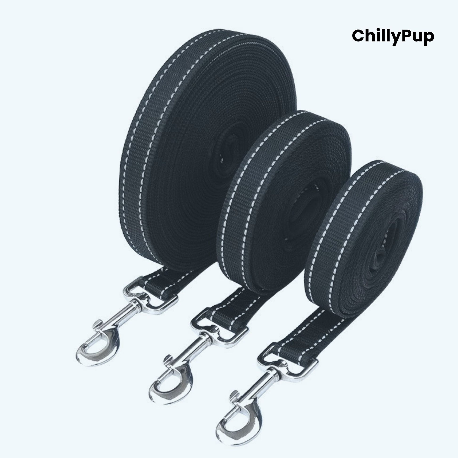 Three black dog training Leads with metal hooks on a white background, branded 'ChillyPup'.