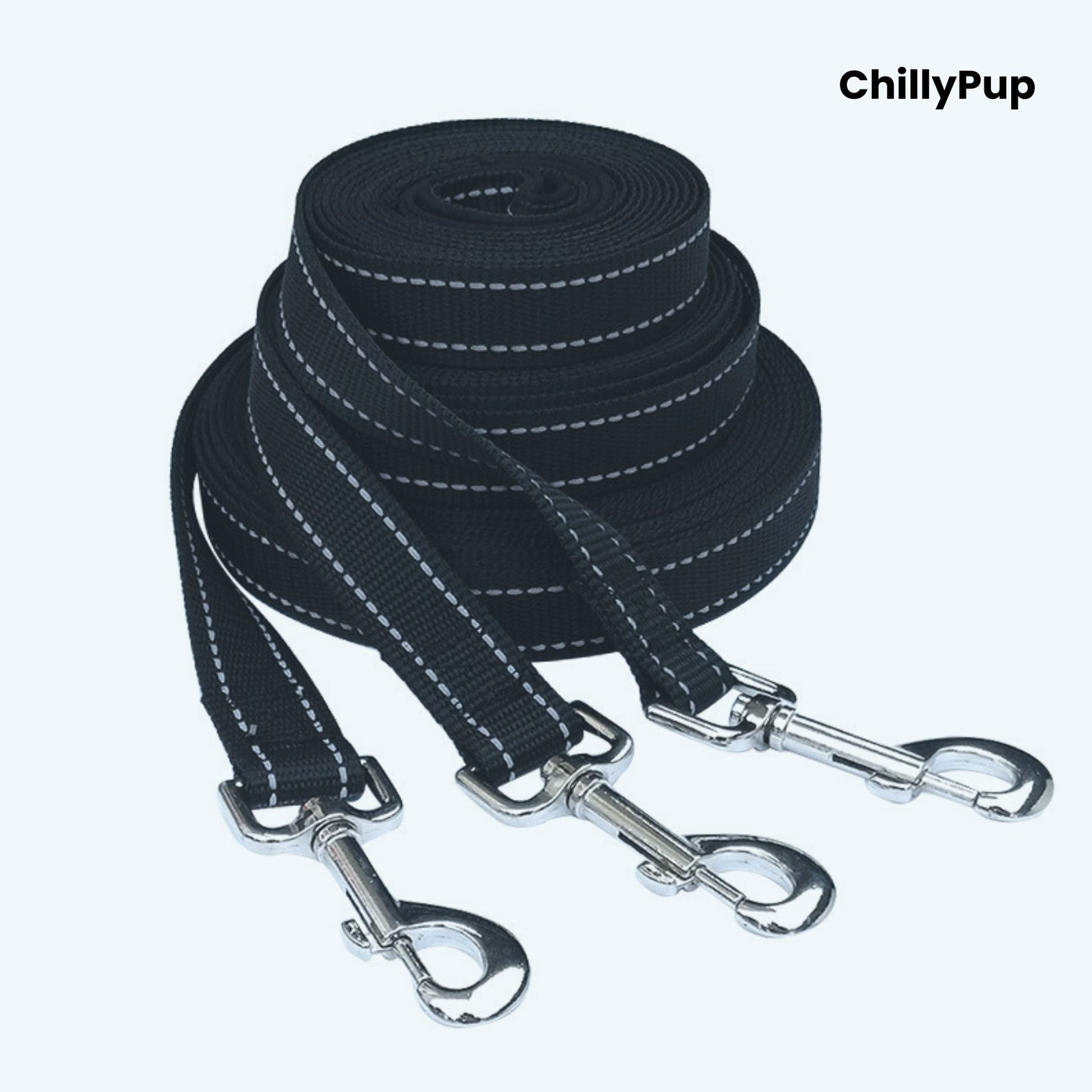 Three black dog training Leads with metal hooks on a white background, branded 'ChillyPup'.